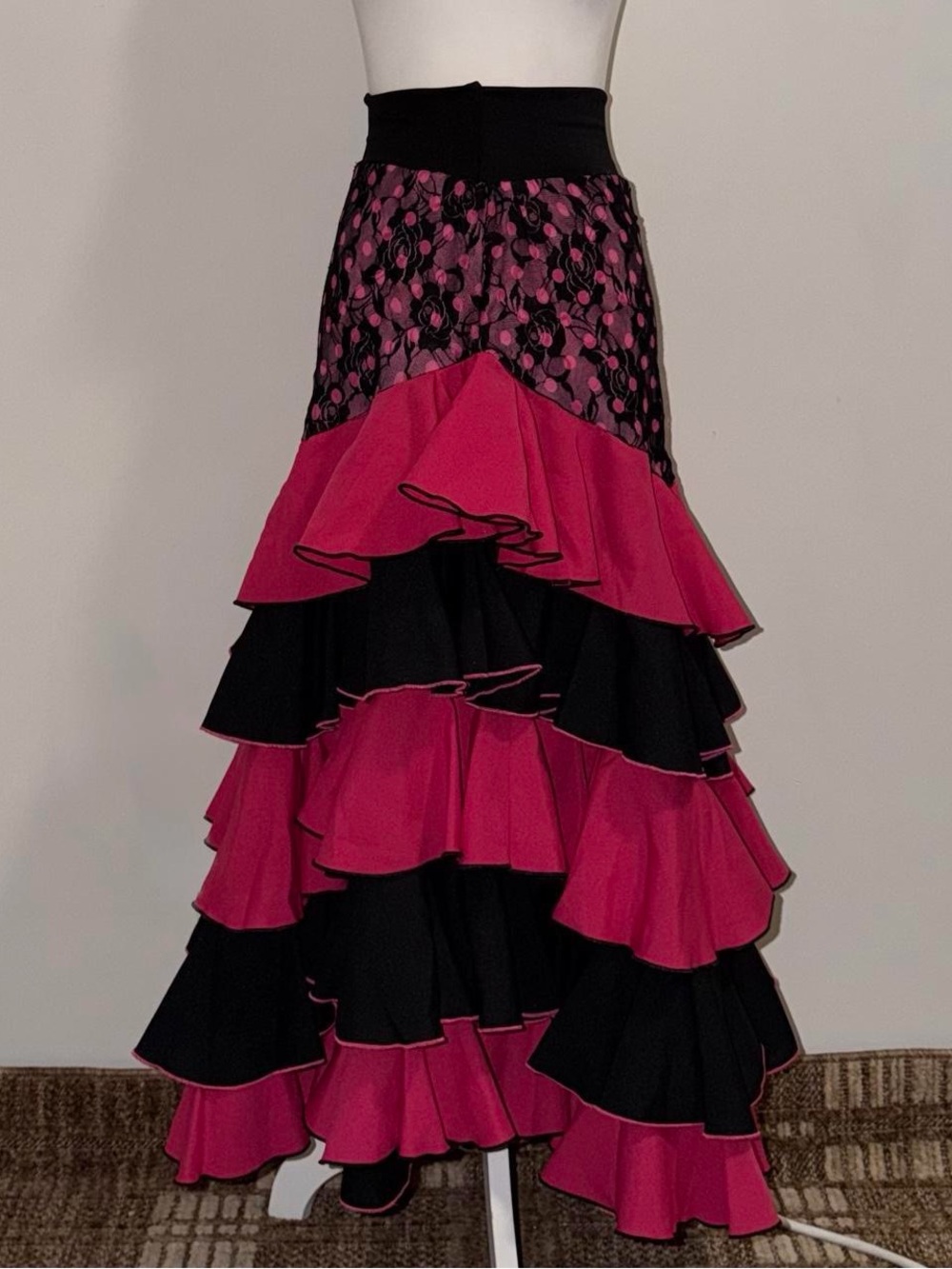 black and pink polkadot ruffled whimsical flamenco maxi skirt